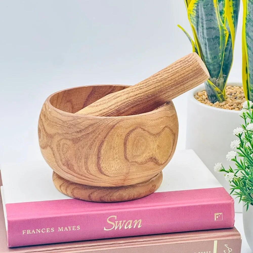 Vintage Wood Mortar and Pestle Set Rustic Farmhouse Decor Warm Brown Tone